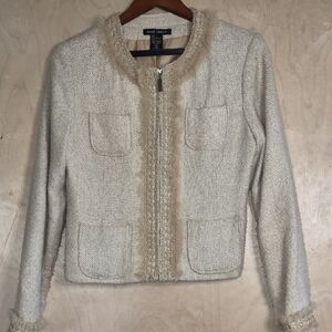 Anne Carson Cream Bouclé Fringe-Trim Zip Jacket